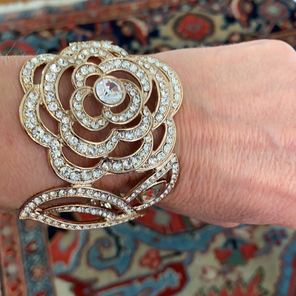 Rose Cuff Gold Statement Hinge Bangle Bracelet Wi… - image 1